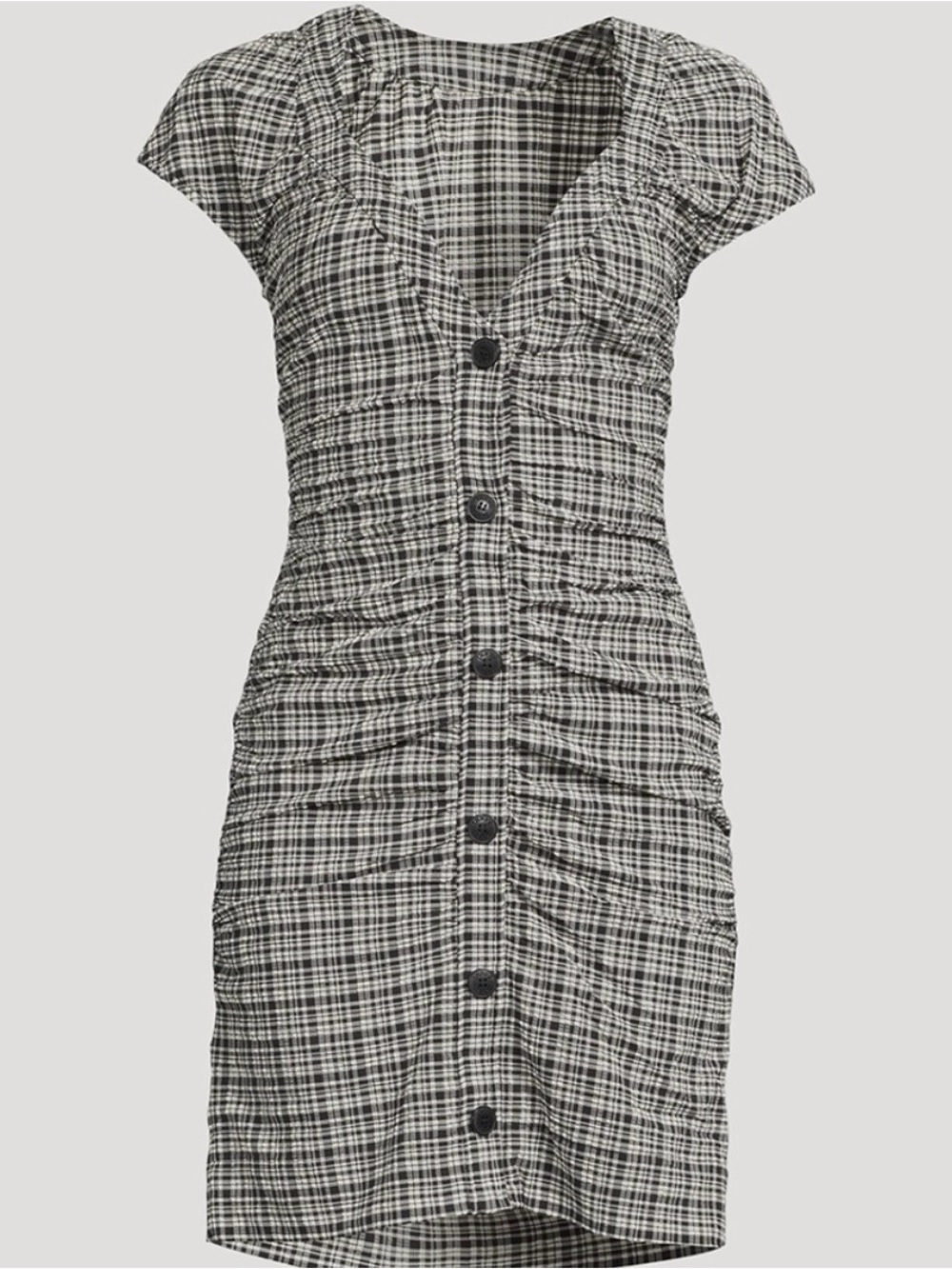 Ganni Plaid Ruched Button Front Mini Dress Seersucker V Neck Sz 34 US 2 4 EUC